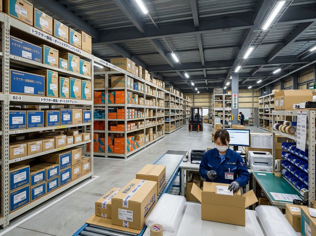 トラクター自動操舵システムおよび補修部品を常備する日本の国内物流倉庫